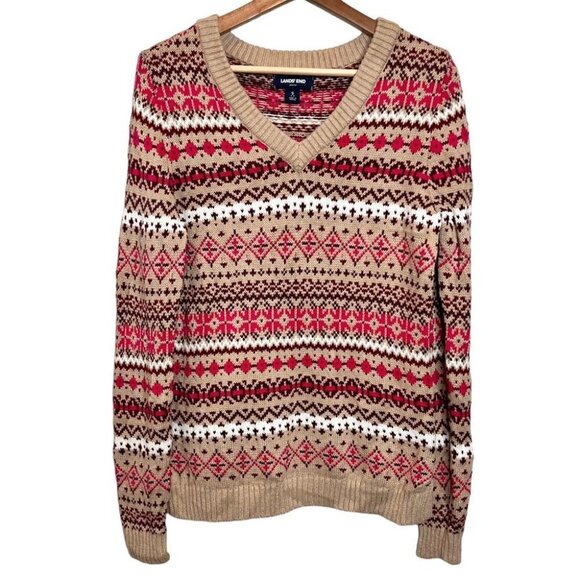 Lands End Womens Size Small Tan Pink Fairisle V Neck Cotton Sweater Holidays - Picture 1 of 11